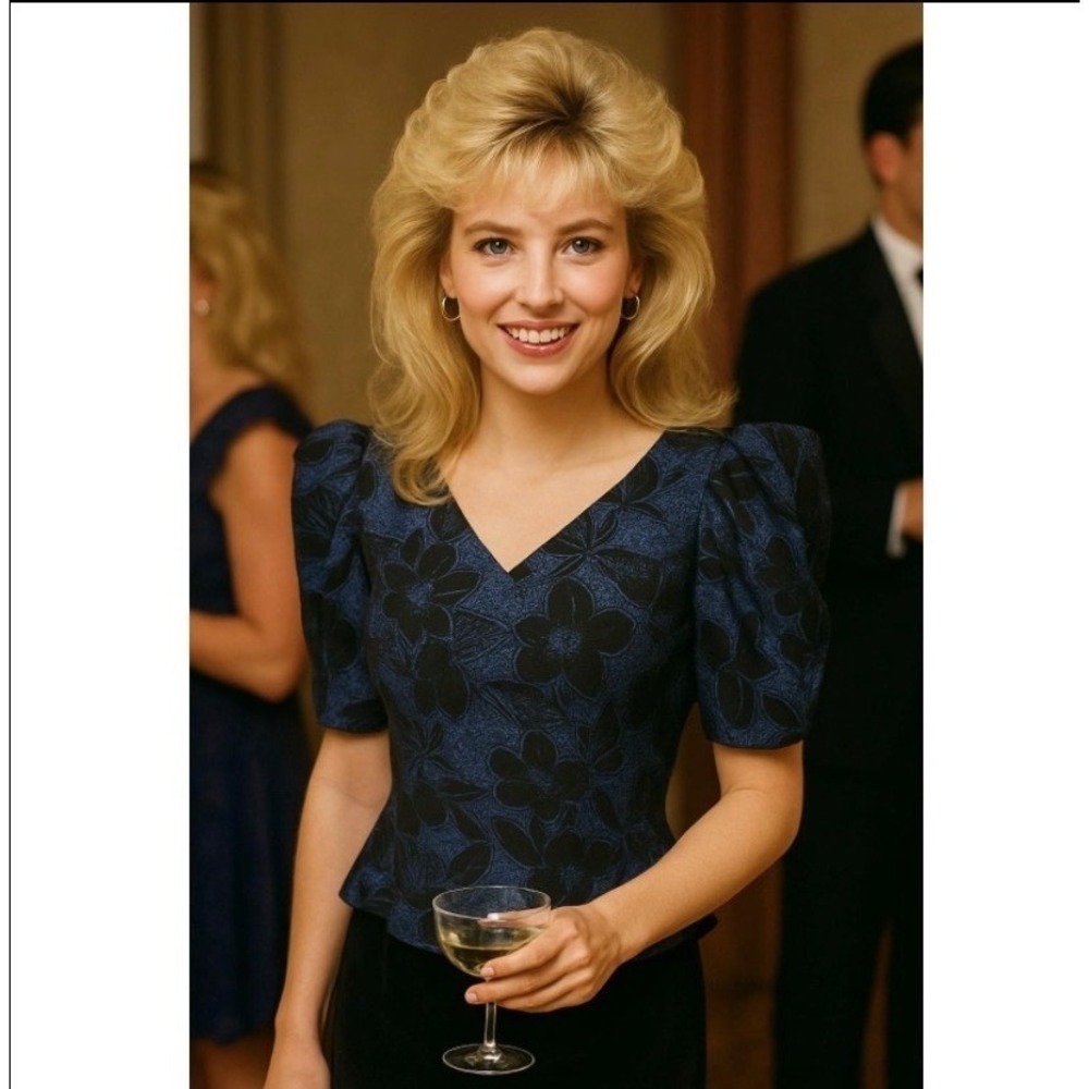 Vintage 80s Scott McClintock Dress 10 Blue Black Velvet Bow Cocktail Puff Sleeve